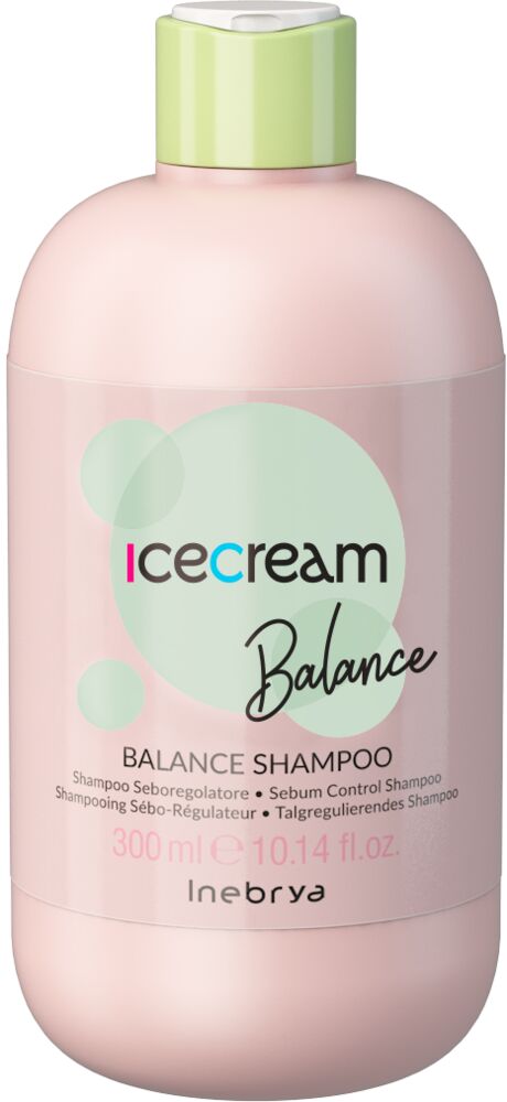 zartrosa-flasche-des-inebrya-ice-cream-balance-shampoos-mit-gruenem-deckel-und-300-ml-inhalt–talgregulierendes-shampoo-fuer-fettige-kopfhaut