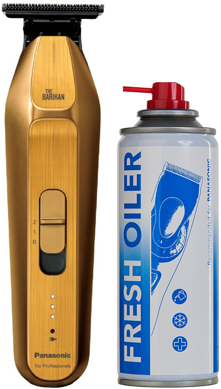goldene-panasonic-haarschneidemaschine-the-barikan-und-silberne-spruehdose-mit-blauem-etikett-und-rotem-verschluss-fresh-oiler-fuer-haarschneidemaschinen