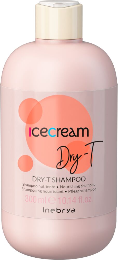 Zartrosa-Shampoo-Flasche-mit-300ml-Inebrya-Ice-Cream-Dry-T-Shampoo-nährendes Pflegeshampoo-fuer-trockenes-Haar-mit-pfirsichfarbener-Etikett-Gestaltung