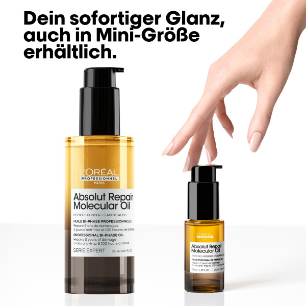 loreal-serie-expert-absolut-repair-molecular-oil-fuer-glanz-und-frizz-kontrolle -pflege-fuer-geschaedigtes-haar-in-30ml-und-10ml-vor-weissem-hintergrund-mit-hand-die- mini-flasche-haelt