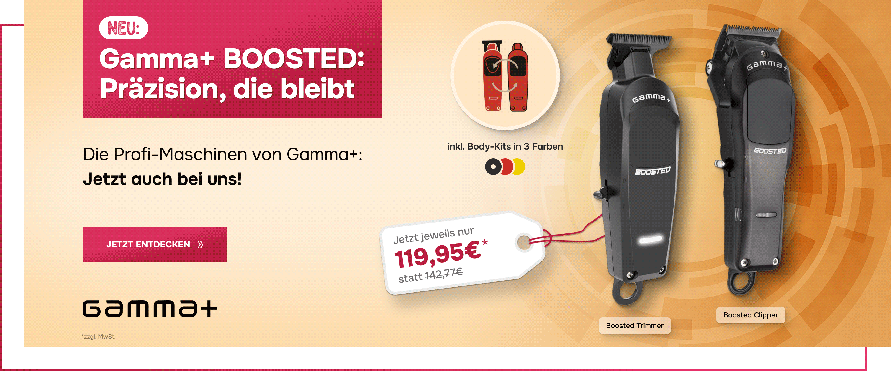 gamma_haarschneidemaschinen_teaser_mit_boosted_trimmer_und_clipper_in_verschiedenen_farben