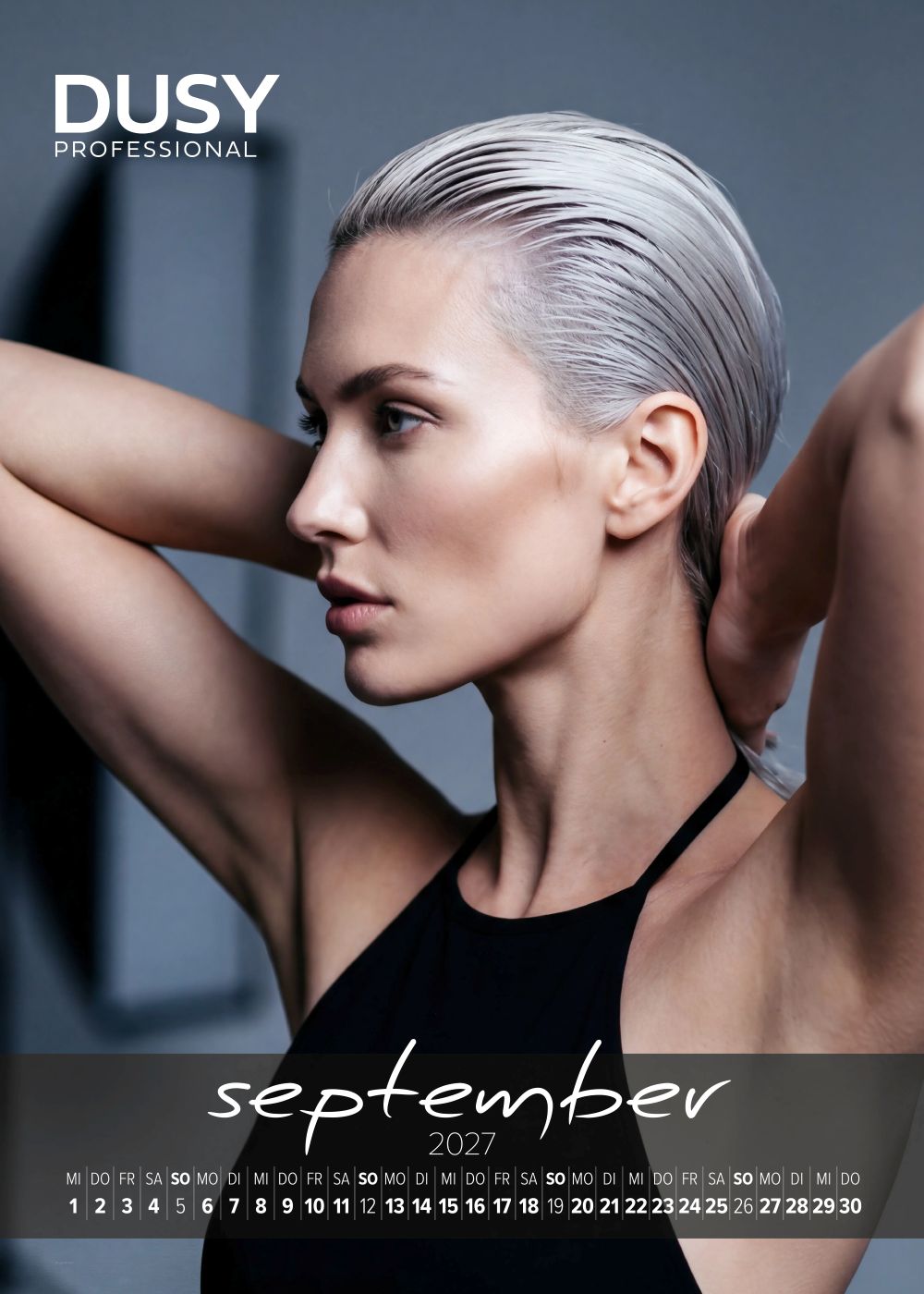 Dusy Professional Kalender September 2027 mit Damenfrisur in Platinblond und streng nach hinten gestyltem Wet Look