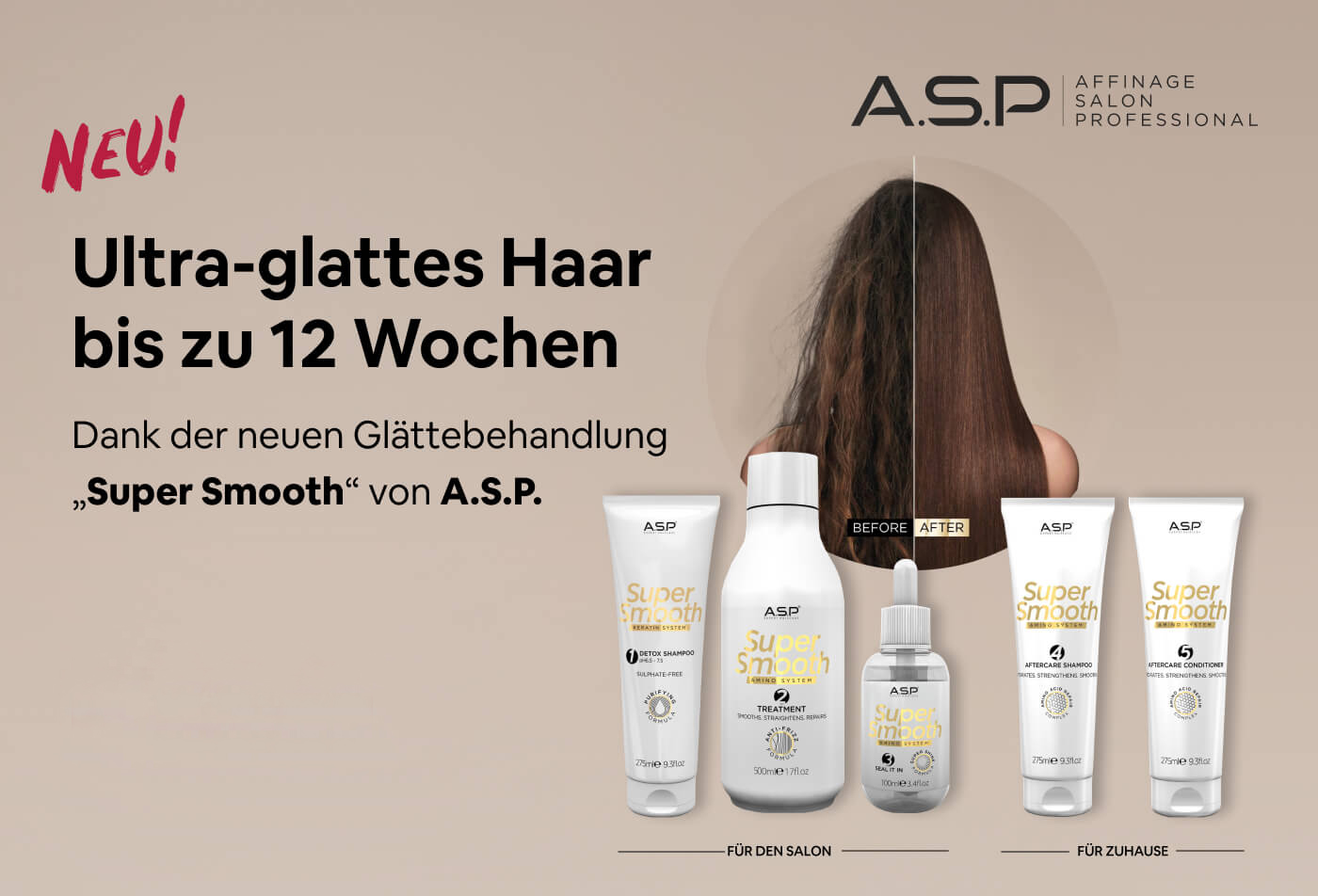 ünf produkte der super smooth serie, schrift und vorher nachher modellfoto