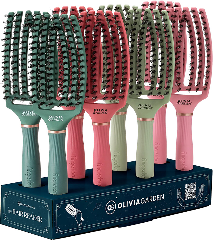 Olivia Garden Fingerbrush Hair Reader Display mit acht Haarbuersten in Dunkelgruen, Rot, Salbeigruen und Rosa
