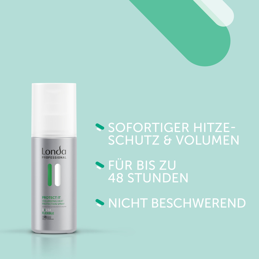 londa-professional-protect-it-volumenspray-mit-hitzeschutz-150ml-flasche-auf-tuerkisfarbenem-hintergrund-mit-text-sofortiger-hitzeschutz-und-volumen-fuer-bis-zu-48-stunden-nicht-beschwerend