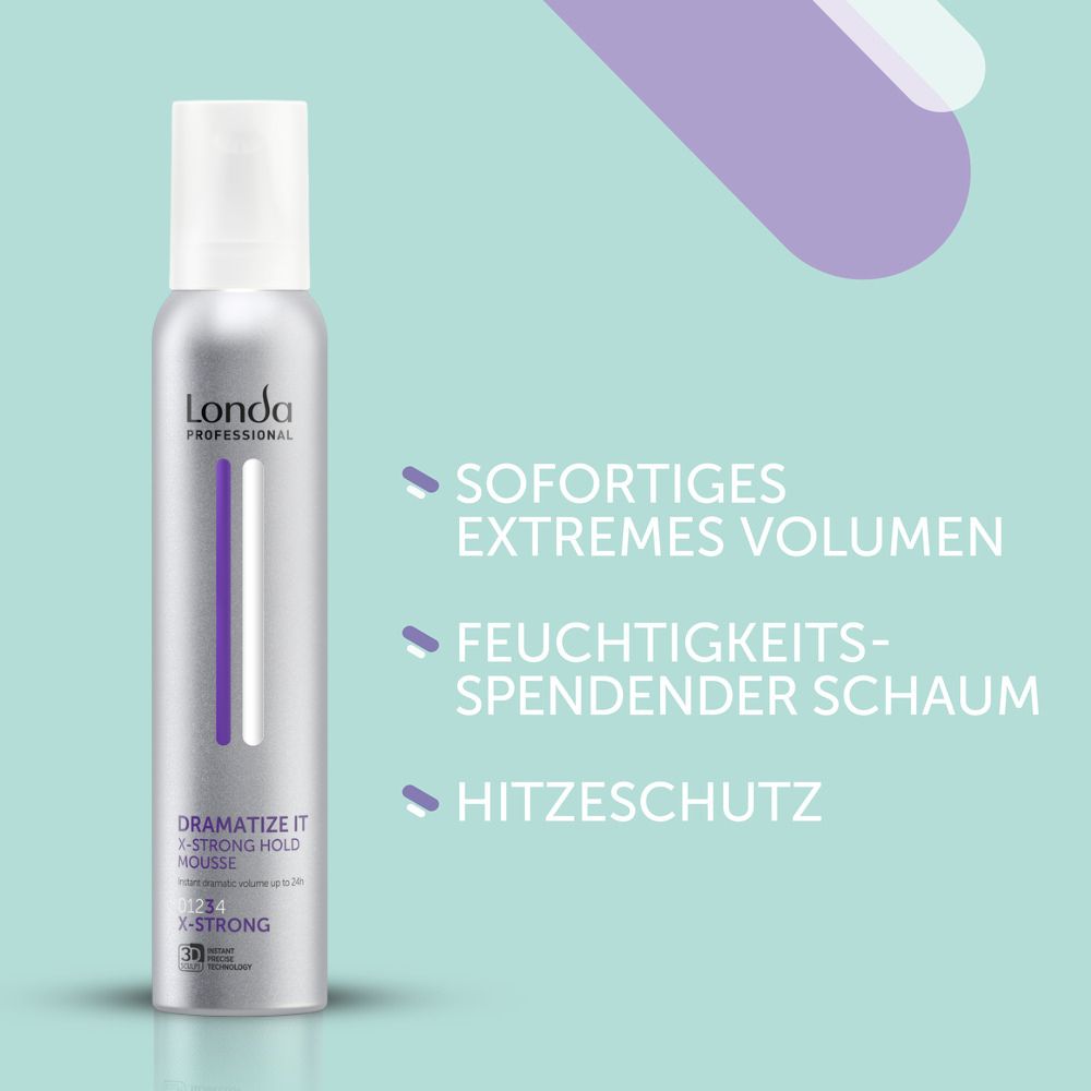 londa-professional-dramatize-it-x-strong-hold-mousse-200ml-silberne-flasche-mit-lila-streifen-auf-tuerkisfarbenem-hintergrund-mit-text-zu-volumen-und-hitzeschutz