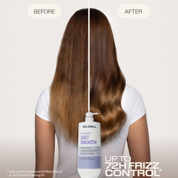 goldwell-dualsenses-just-smooth-taming-conditioner-1000ml-vorher-nachher-braunes-haar-mit-geglaettetem-haarbild