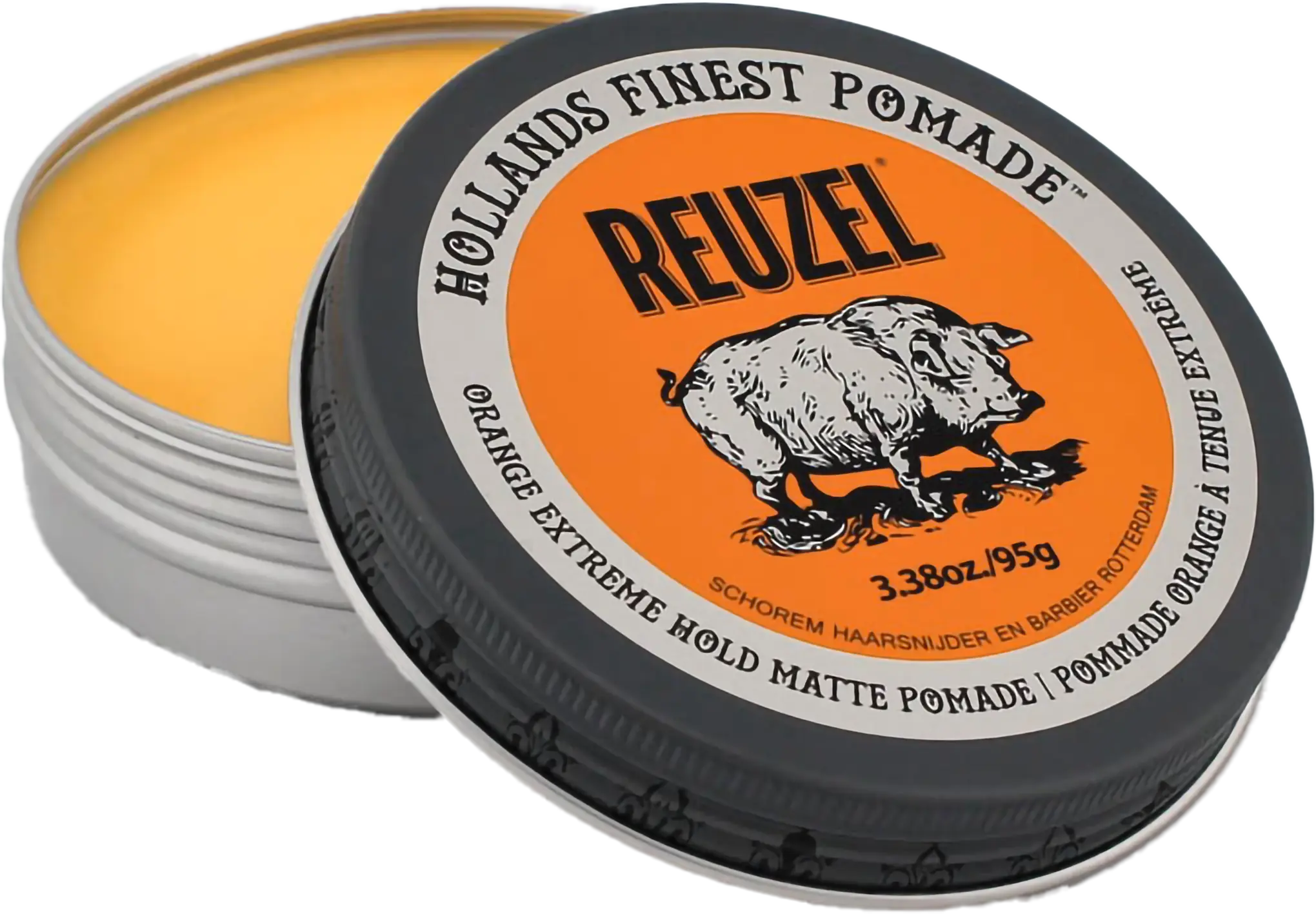 geoeffnete-reuzel-orange-extreme-hold-matte-pomade-dose-mit-orangefarbener-haarpomade