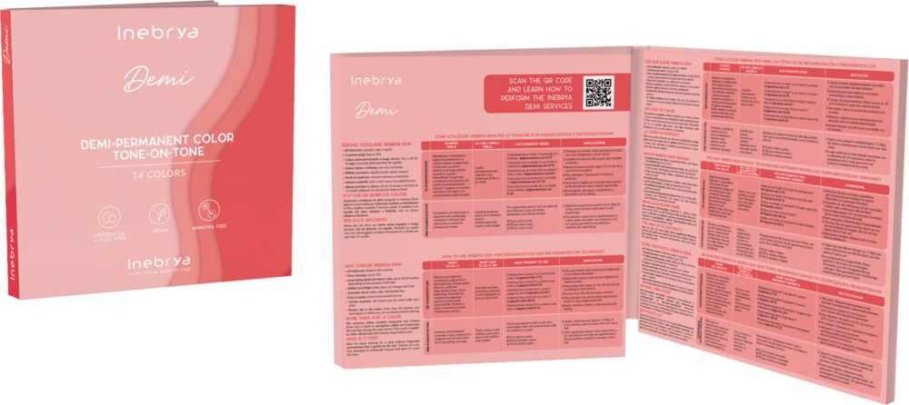 inebrya-demi-intensivtoenung-farbkarte-mit-herausnehmbaren-meschen-rosa-buchruecken-geoeffnet-und-geschlossen