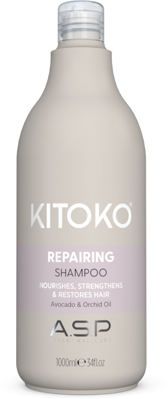 kitoko-repairing-shampoo-1000ml-mit-avocado-und-orchideen-oel-fuer-geschaedigtes-haar kitoko-repairing-shampoo-in-beiger-flasche-mit-transparentem-deckel-fuer-geschaedigtes-haar