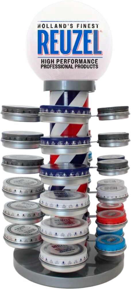 reuzel-thekendisplay-mit-mehreren-pomade-dosen-auf-drehstaender-im-barbershop-design-mit-logo-kugel-und-rot-weiss-blauer-saeule
