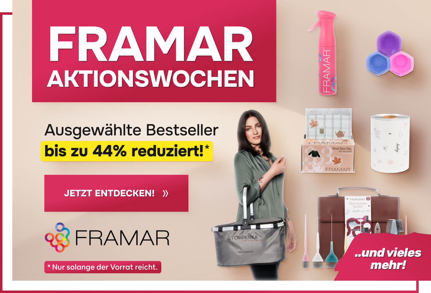 werbebanner-framar-aktionswochen-mit-frau-die-einkaufstasche-haelt-sowie-friseurwerkzeugen-wie-faerbepinseln-schalen-spruehflasche-und-zubehoer-auf-hellem-hintergrund-mit-hinweis-auf-rabattaktion