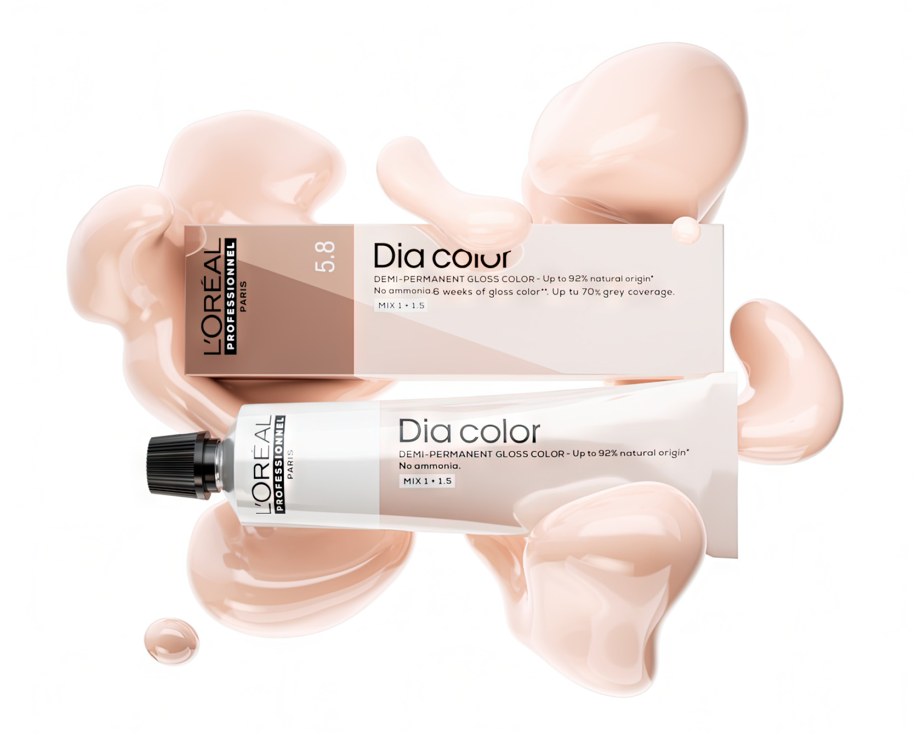 loreal-professionnel-dia-color-5-8-haarfarbe-tube-und-verpackung-vor-beigem-farbklecks