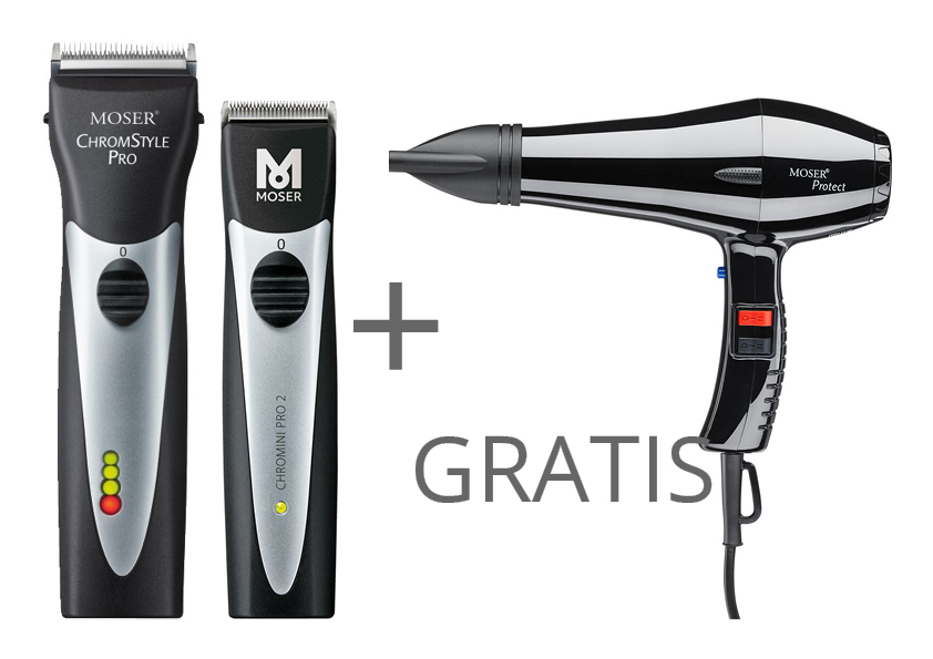 Moser Set: Chromstyle Pro Maschine + Chromini Pro 2 Trimmer + Protect Föhn