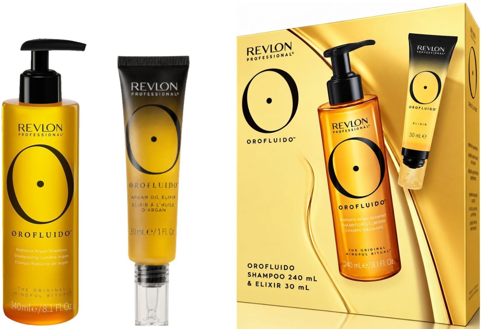 Revlon Professional Orofluido Geschenkset mit Radiance Argan Shampoo 240 ml in goldener Pumpflasche und Argan Oil Elixir 30 ml in Tube neben goldener Geschenkverpackung