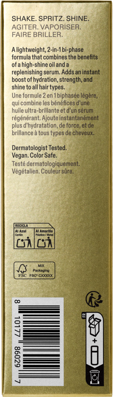 Goldfarbene Verpackungsseite des OLAPLEX No. 7 Shine Serums mit Anwendungshinweisen und Barcode