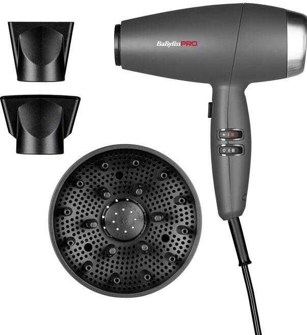 BaBylissPRO Evoluto Haartrockner in Grau mit zwei schwarzen Konzentratordüsen und einem runden Diffusor