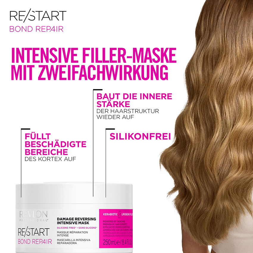 dose-revlon-restart-bond-repair-intensive-filler-maske-250-ml-mit-pinker-beschriftung-neben-blondem-haar-und-hinweisen-zu-reparatur-und-staerkung