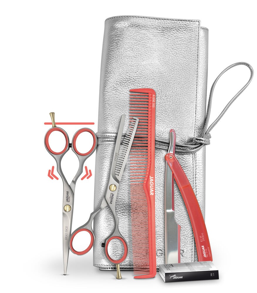 Jaguar-Scherenset-in-Tasche-Friseur-und-Modellierschere-plus-Kamm-und-Messer-Ersatzklingen