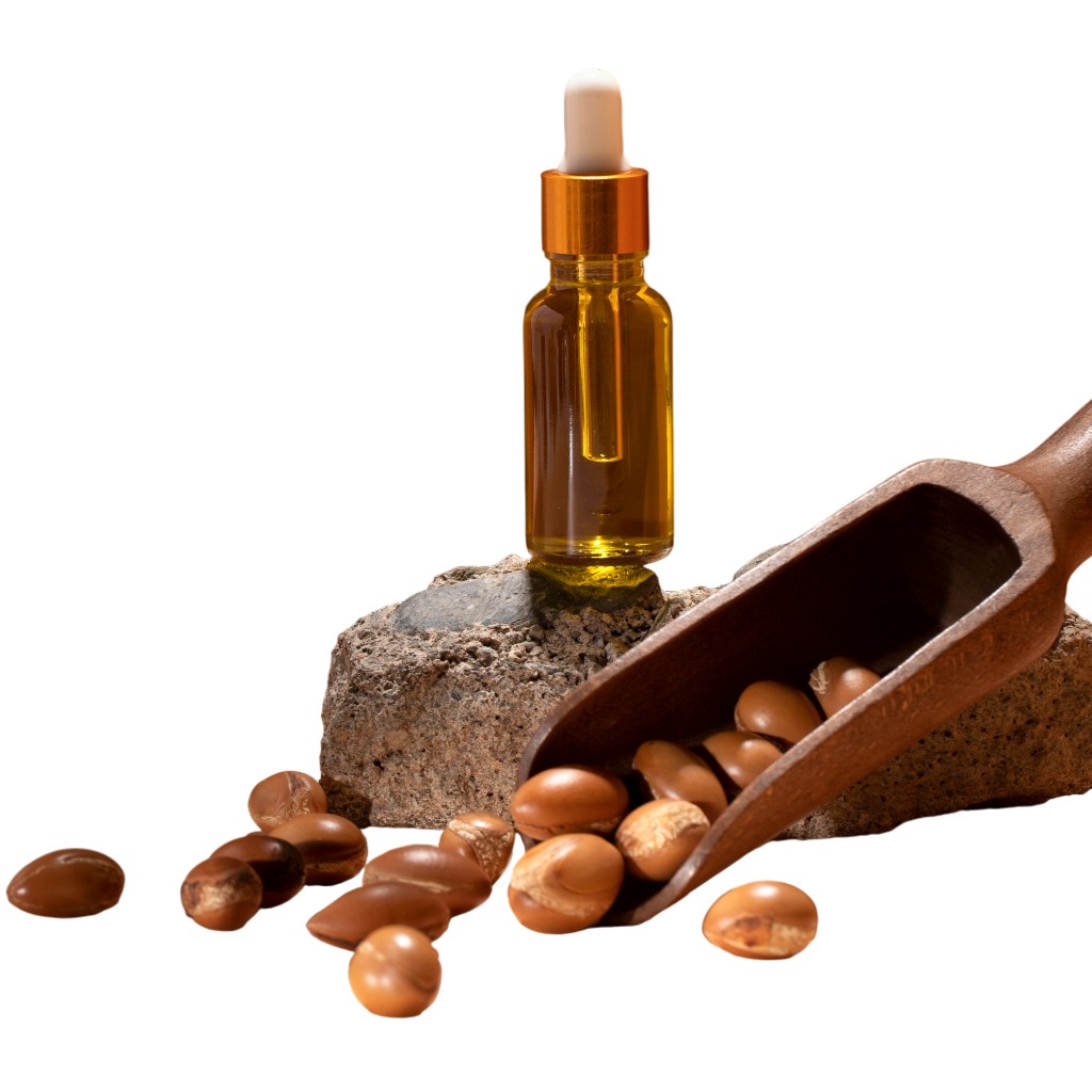 eine-flasche-befuellt-mit-oel-und-daneben-argan-verteilt