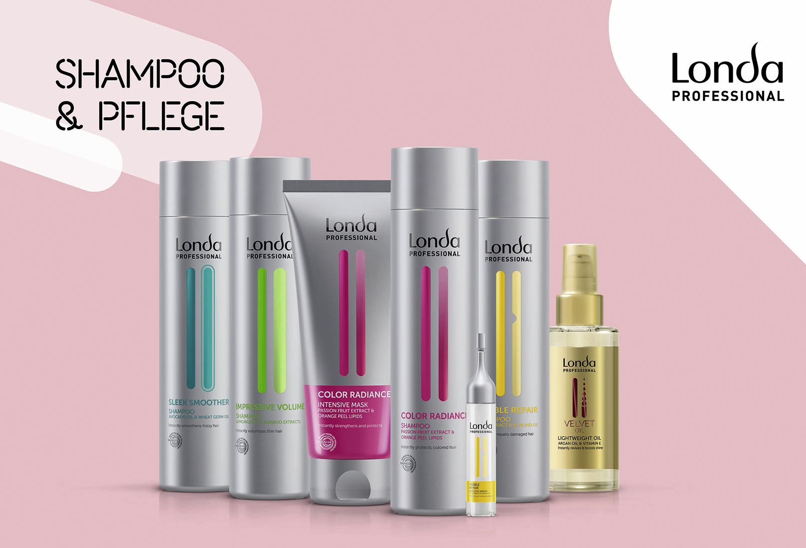 londa-professional-shampoo-und-pflegeprodukte-verschiedener-serien-auf-rosa-hintergrund–inklusive-sleek-smoother-impressive-volume-color-radiance-visible-repair-und-velvet-oil londa-professional-shampoo-und-pflegeprodukte-verschiedener-serien-auf-rosa-hintergrund–inklusive-sleek-smoother-impressive-volume-color-radiance-visible-repair-und-velvet-oil