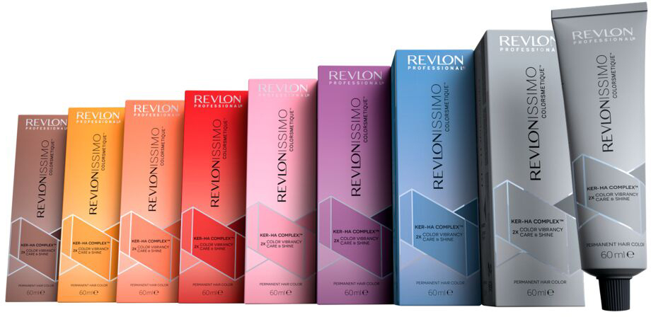 revlon-haarfarbe-revlonissimo-colorsmetique-60ml-sortiment-mit-mehreren-farbtoenen-in-verpackungen-und-tube-aufgereiht-auf-hellem-hintergrund