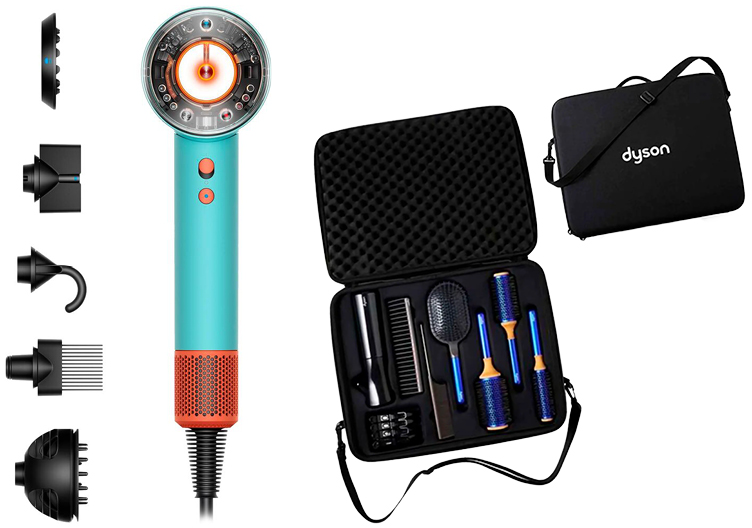 tuerkis-kupferfarbener-dyson-supersonic-nural-haartrockner-mit-aufsaetzen-und-gratis-styling-demo-brush-kit