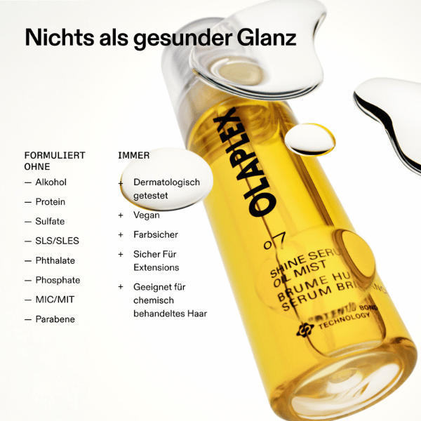 Schraeg abgebildete Flasche OLAPLEX No. 7 Shine Serum mit glaenzenden Tropfen und Angaben zur Formulierung