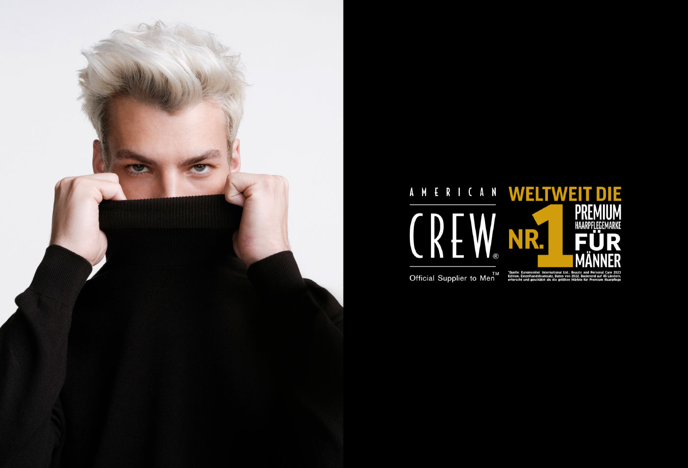 merican crew logo und mann mit rollkragenpullover und blond gefaerbten haaren merican crew logo und mann mit rollkragenpullover und blond gefaerbten haaren