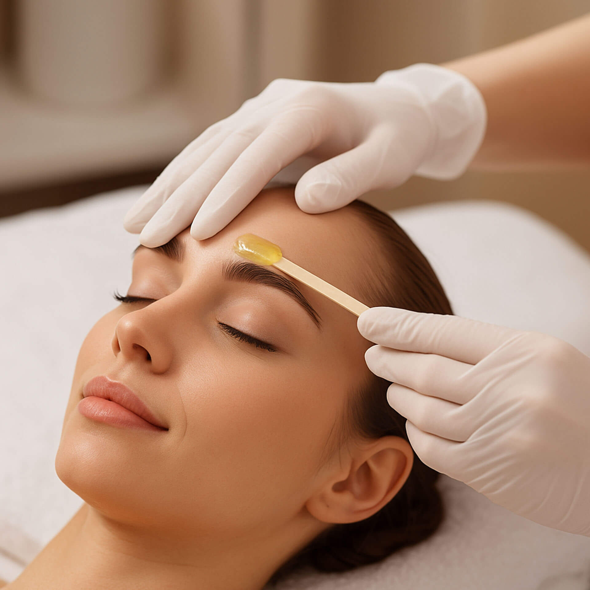 frau-liegt-mit-geschlossenen-augen-auf-liege-waehrend-augenbrauen-mit-wachs-und-spatel-behandelt-werden