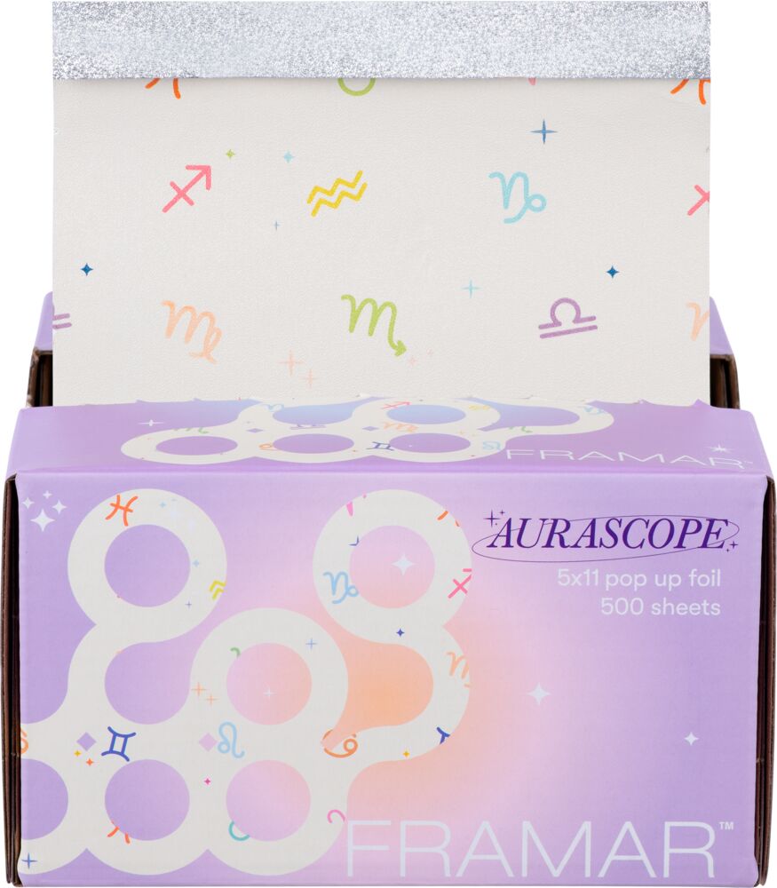 framar-aurascope-pop-up-folie-500-blatt-straehnenfolie-in-sternzeichendesign-lila-packung-und-bunte-folien