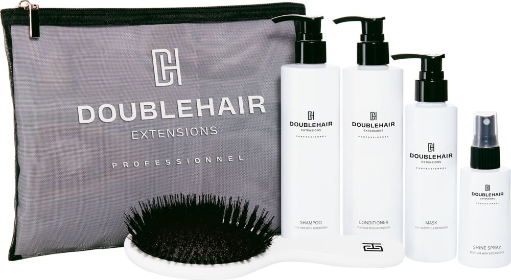 Double-Hair-Beauty-Bag-schwarz-mit-Shampoo-Conditioner-Maske-Shine-Spray-Bürste-und-Anwendungsbroschüre