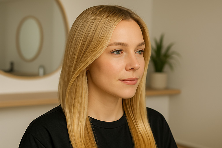 Model mit blondierten Strähnen nach der Anwendung von Bond Pro+ Plex Step 1 & Step 2 (KI generiert)