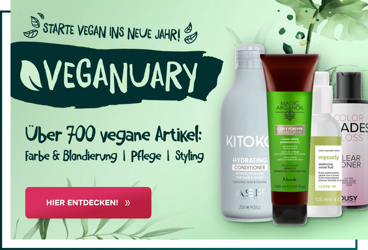 mobile-veganuary-banner-abbildung von-vegane-produkte-wie-haarconditioner-styling-cream-leave-in-und-activator-fuer-haarfarben-in-flaschen-und-tuben-auf-gruenem-hintergrund-mit-slogen-zum-vegan-starten