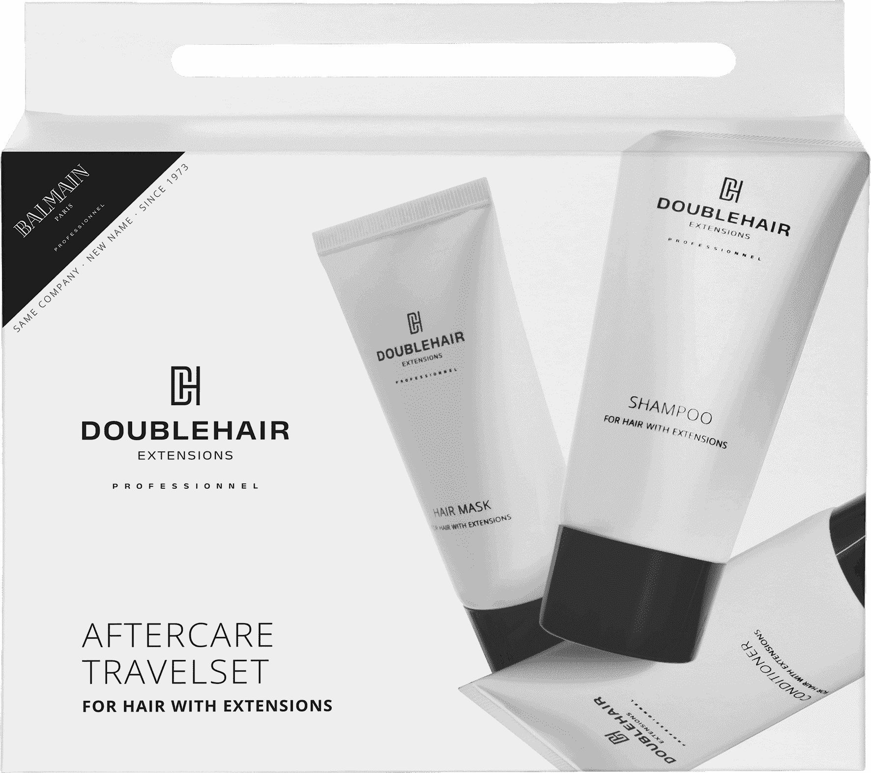 18602277-Doublehair-Extensions-Aftercare-Travel-Set-mit-drei-Produkte-shampoo-conditioner-und-maske-fuer-Echthaarhaarpflege