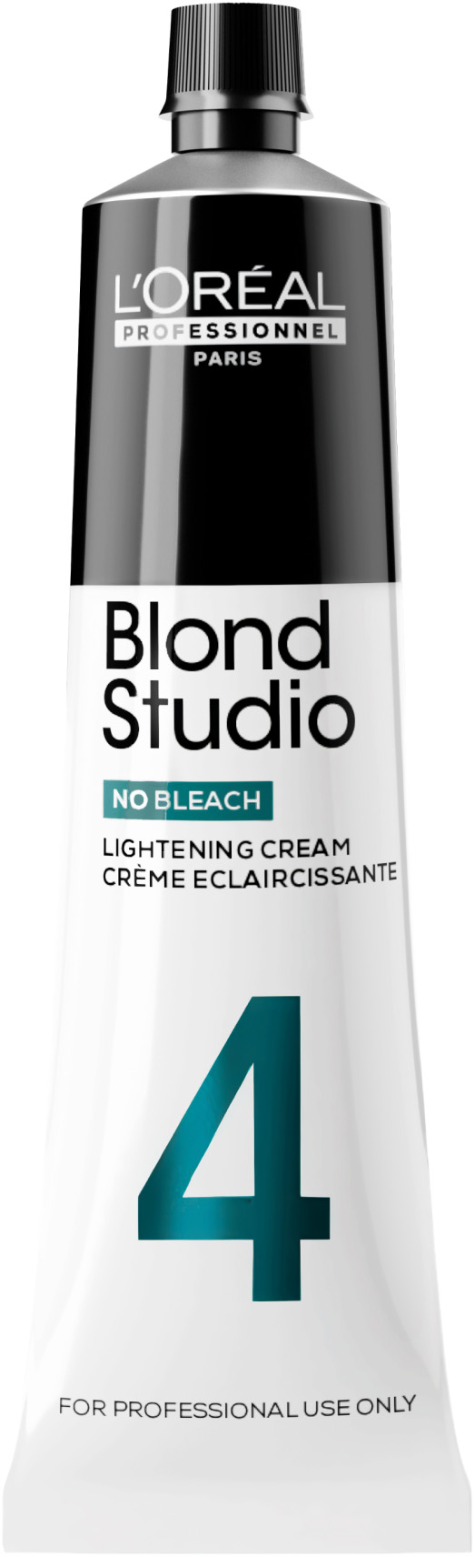 Tube der L'Oreal Professionnel Blond Studio No Bleach Lightening Cream 60 ml mit schwarzem Verschluss und tuerkisfarbener Ziffer 4