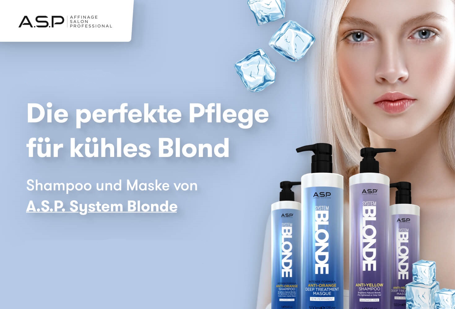 zwei shampoos und zwei haarmasken fuer blondes haar und blonde frau 