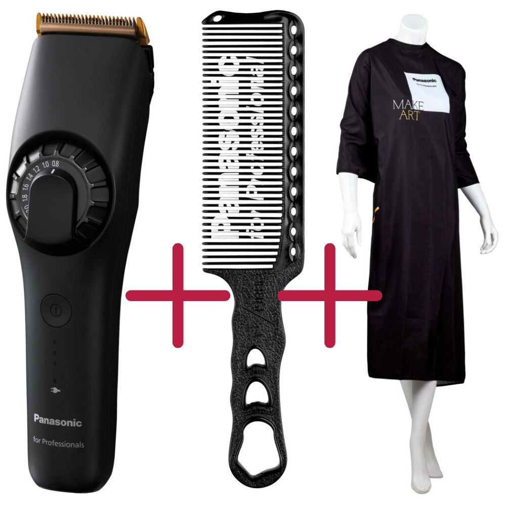 Panasonic-haarschneidemaschine-er-dgp90 -haarschneidekamm-in-schwarz-mit-weisser-logoaufschrift-und-griff-+-umhang-in-schwarz-mit-aufdruck-make-art-und-logo-auf-schaufensterpuppe