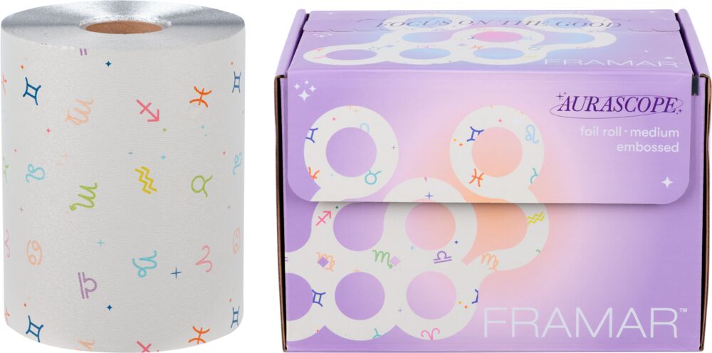 framar-aurascope-embossed-roll-folienrolle-97-m-rolle-straehnenfolie-in-sternzeichendesign-lila-packung-und-bunte-folien