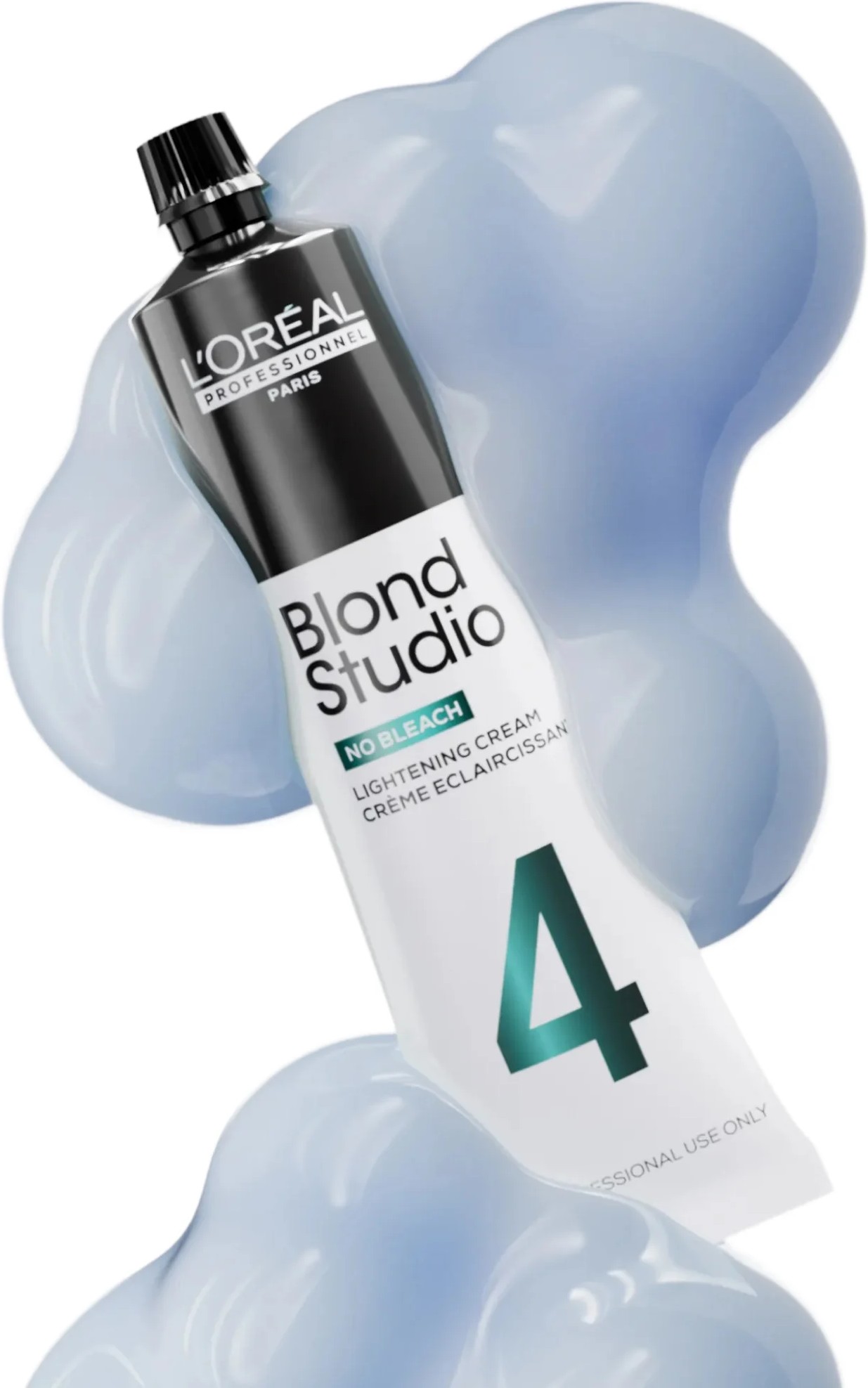 L'Oréal Professionnel Blond Studio 4 No Bleach Aufhellungscreme in schwarz weißer Tube mit grüner Ziffer 4 vor hellblauer Cremetextur