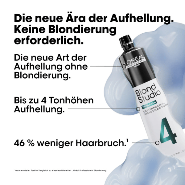 L'Oreal Professionnel Blond Studio No Bleach Lightening Cream mit Angaben zu bis zu 4 Tonhoehen Aufhellung und weniger Haarbruch
