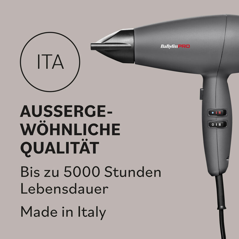 Grauer BaBylissPRO Evoluto Haartrockner mit Stylingdüse und Angaben zu Made in Italy