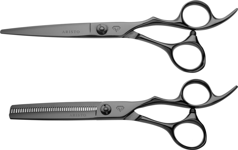 aristocut-friseurscheren-set-moonset-haarschneideschere-6.0-offset-plus-modellierschere-40-zaehne-beide-in-dunkelsilberne-farbe