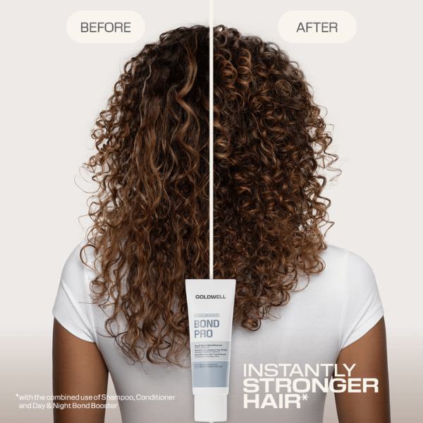 lockiges-haar-vorher-und-gepflegtes-definiertes-haar-nachher-mit-goldwell-dualsenses-bond-pro-day-and-night-bond-booster