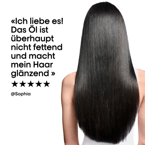loreal-serie-expert-absolut-repair-molecular-oil-anwenderin-frau-mit-langem-glattem-schwarzem-haar-von-hinten-mit-text-zitat-glattes-haar-glanz-ohne-fettiges-gefuehl-und-sternbewertung-links-im-bild