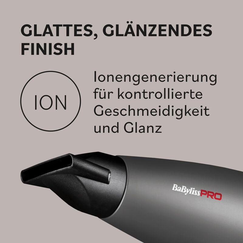 Grauer BaBylissPRO Evoluto Haartrockner mit Stylingdüse und Infografik zur Ionentechnologie für geschmeidiges und glänzendes Haar