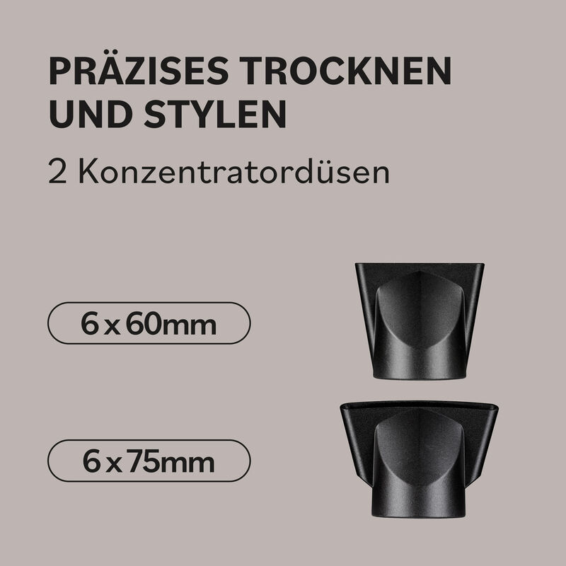 Zwei schwarze Konzentratordüsen für den BaBylissPRO Evoluto Haartrockner in den Größen 6 x 60 mm und 6 x 75 mm