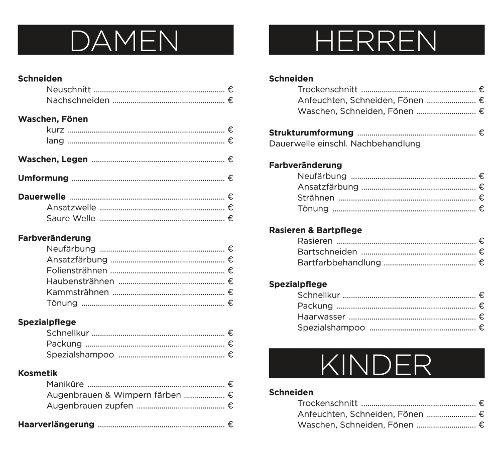 Preistafel Damen und Herren mit Stift