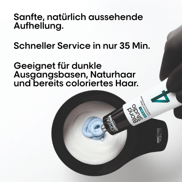 L'Oreal Professionnel Blond Studio No Bleach Lightening Cream wird in eine Faerbeschale gegeben mit Hinweisen zu 35 Minuten Behandlungszeit