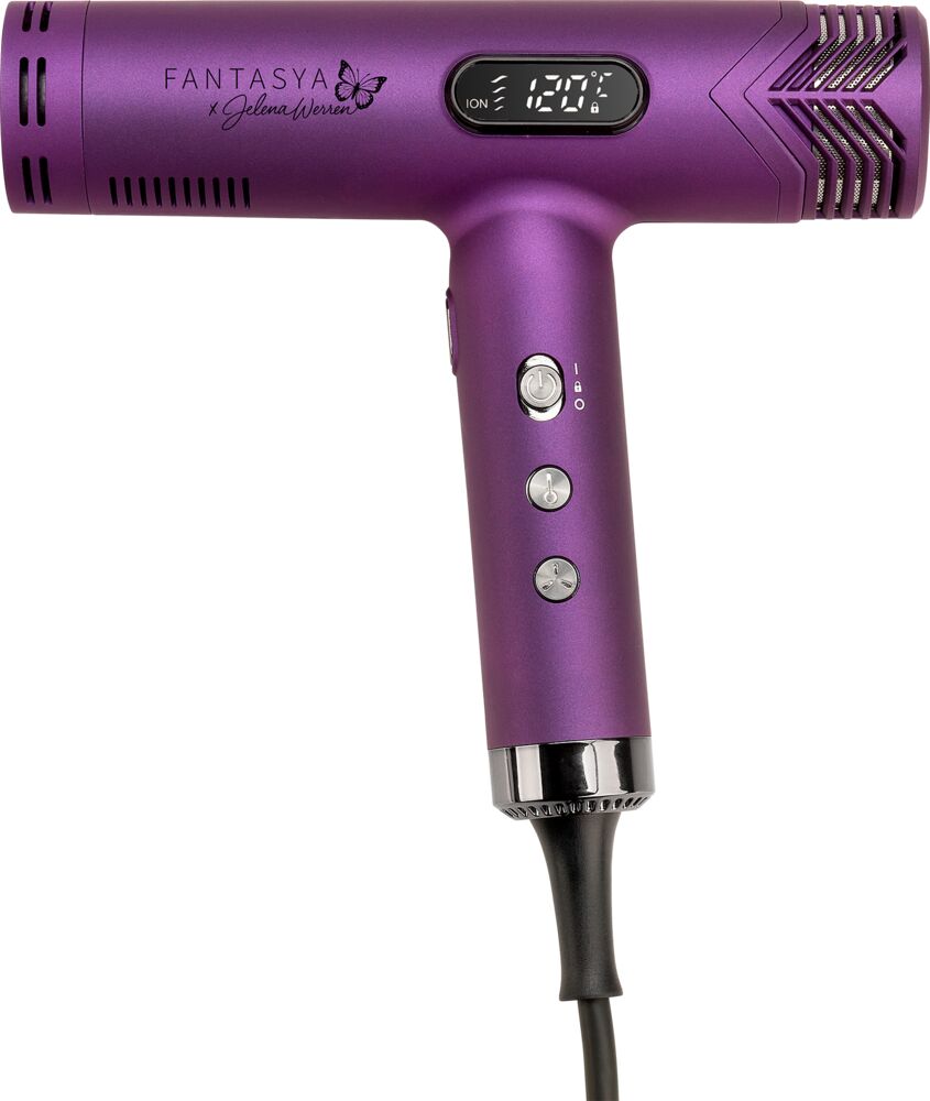 fantasya-haartrockner-by-jelena-werren-violett-mit-digitalem-display-und-bedientasten-display-an-und-plus-unterschrift-von-jelena-werren